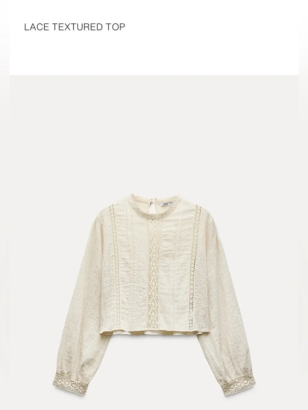Zara Small Cream Lace Textured Long-Sleeve Top